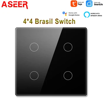 ASEER Sasha Brasil Преминете 4x4 WiFi Стенен Прекъсвач, Сензорен прекъсвач за умен дом 4 gang Ключа за лампата работи с Алекса Google Home