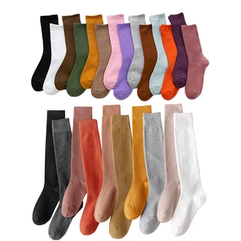 Обикновен Женски Свободни Памучни Чорапи Harajuku в Японски Корейски Стил, Модни Розови, Сини, Жълти, Зелени Чорапи До Коляното, Коледни