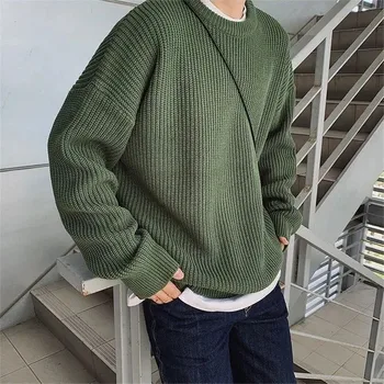 Корейски Модни Пуловери Мъжки Есенни Нови Обикновена Фланелки С Кръгло Деколте Градинска Мъжки Дрехи Harajuku Свободни Плетени Пуловери Pull Homme