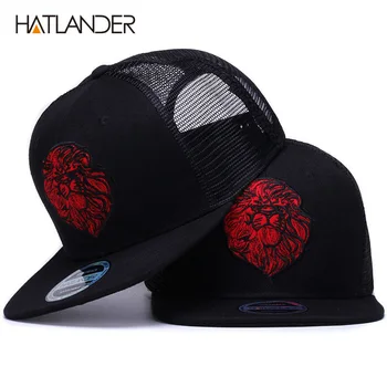 [HATLANDER] Оригинални черни шапки за момчета и момичета, летни слънчеви шапка с бродерия на лъв, мрежести бейзболни шапки в стил хип-хоп, отломки шапка на шофьор на камион