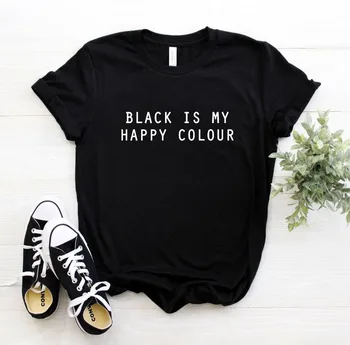 Женска Тениска Black Is My Happy, Тениска с Писмото Принтом, Дамски Свободна тениска с Кръгло деколте и Къс ръкав, Дамски Ежедневни Тениска