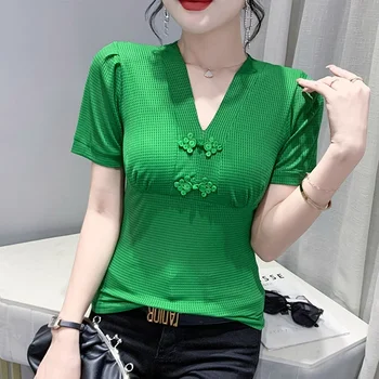 #6868 Черна Зелена Синя Тениска с Пищни Ръкави, Женствена Тениска с V-образно деколте и Копчета, Сексуална Реколта Женска Тениска в китайски Стил, Тънка Лятна
