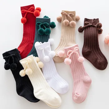 Зимни, Есенни Чорапи за малки момичета, Сладки Чорапогащи Принцеса с помпоном за момичета, Обикновена Меки памучни Чорапи за деца, 3-24 месеца