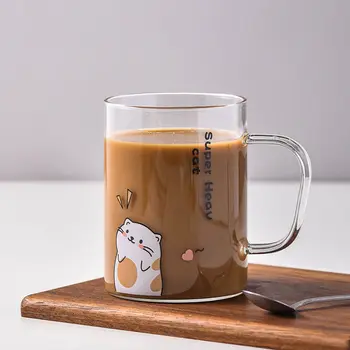 400 мл Сладък Котка Чаша с Лъжица и Капак Креативна Кафеена Чаша с Дръжка за приготвяне на Чай с Мляко в Стъклена Бутилка Чаша за Закуска KEDICAT