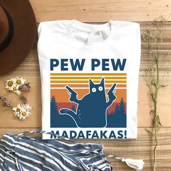 100 Памучен тениска с котка, женска тениска Pew Pew Madafakas, Реколта Забавно облекло унисекс оборудвани с котка чат, кавайные блузи с животни, дамски блузи 3xl