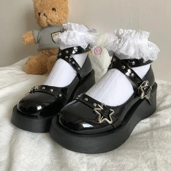 Обувки в стил Лолита, обувките Мери Джейн е на платформа, Дамски обувки с Катарама и Каишка във формата на Звезда, дамски Ежедневни Обувки от Изкуствена кожа с Кръстосани шнур и Нитове, kawaii