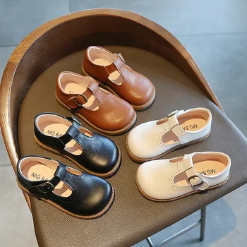 2022 Обувки за момичета Базова Детски Обувки Mary Janes На равна подметка За Деца, устойчива на плъзгане Ежедневни Обувки за Деца, Кожени Обувки, Черен