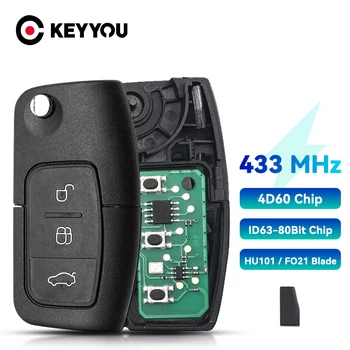 KEYYOU 433 Mhz 4D60 Чип Авто Дистанционно Подходящ за Ford Fusion, Focus, Mondeo, Fiesta Galaxy Авто FO21 Острието Флип Авто Ключ