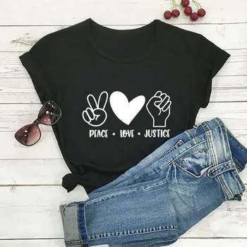 Тениска Peace Love Justice Equality, Ново Потокът, Женската Лятна Забавно Ежедневни Памучен Тениска, Тениска Justice, Подарък за Мир и Любов