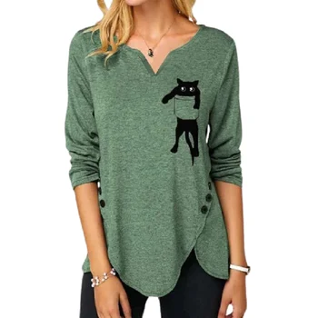 Модерна Женствена тениска с V-образно деколте и Хубав Покет Котка с Нередовни подолом, Пролет-Есен, Свободни Ежедневни Зелени Дамски Ризи С Дълъг Ръкав