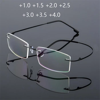 Свръхлеки Титанов Очила За Четене Без Рамки с Ефект на Паметта TR90, Мъжки и Женски Квадратни Очила За Далекогледство Power +1.0 +1.5 +2.0 до +3,5 +4,0
