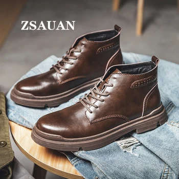 ZSAUAN/Пролетно-зимни Къси Мъжки обувки; Кожени Ботильоны с кръгла пръсти в стил ретро; Удобна Брандираната Мъжки Обувки; Лидер на Продажбите