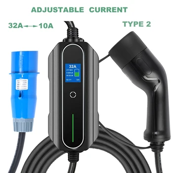 Преносимо Зарядно EV Тип 2 32A 1 Фаза 7.2 kw Blue CEE Plug Превключващ Ток EV кабел за зареждане Блок Контролер за Электромобиля