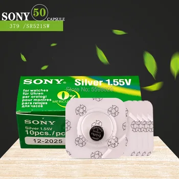 SONY 50 бр./ лот, однозернистая опаковка, Батерия за часовници от азотен сребро 379 SR521SW 521, 1,55 В, LR521, батерии Bottun Cell