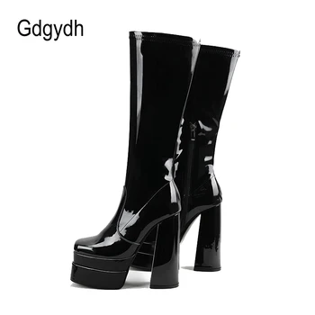 Gdgydh / дамски Черни Ботуши до Коляното на платформата, ботуши до коляното на висок Ток с квадратни пръсти и страничен цип, стрейчевые дамски обувки Голям Размер