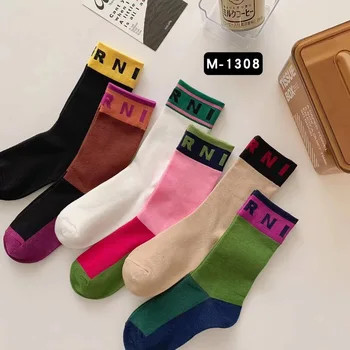 3 чифта/лот, Нови Спортни Чорапи с цветни блокчета и принтом азбука, Модни Чорапи От чист памук, Удобни Меки Тънки Дишащи Ежедневни Чорапи