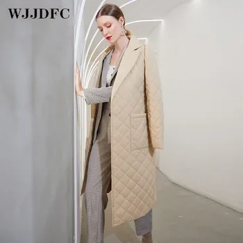 WJJDFC памучен дрехи, модни дамски зимни ветрозащитная яке, ежедневни зимни парк с колан, палто с ромбовидным модел, дълга права яке