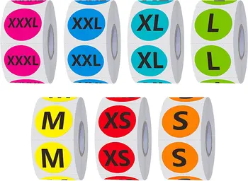 Етикети Размер Дрехи Цветни Кодирани Кръгли Самозалепващи Етикети Размер на Етикета Стикер 7 Дизайни XS, S, M, L, XL, XXL, XXXL за търговците на Дребно