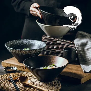 Японски творчески комплект съдове за готвене, търговски керамична купа в бамбукова шапка, домакински голям ramen, ориз, юфка, суповая купата