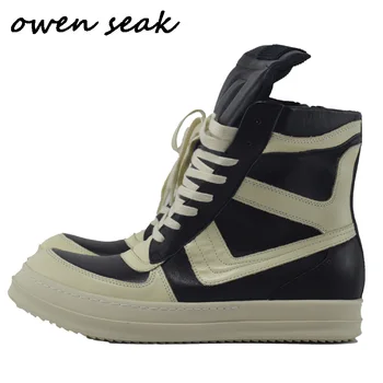 Owen Seak/ Мъжки Луксозни Маратонки с най-високо Щиколотком, Зимните обувки От естествена Кожа, Дамски Ежедневни Обувки Дантела, Черни, Бели Обувки на плоска подметка с Цип