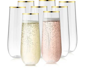 30 Пластмасови Чаши за шампанско 9 грама за Еднократна употреба Прозрачни Коктейлни Чаши в златна рамка, Използвани за партита, Сватби и рождени Дни