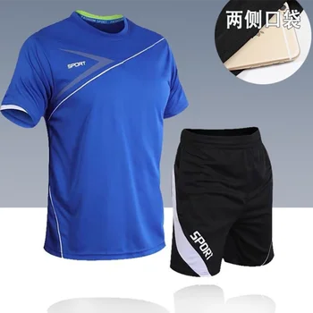 Годишният спортен костюм, мъжки свободна тениска с къси панталони, мъжки дрехи, футболни ризи, запазването на прохлада, комплекти размери от M до 5XL
