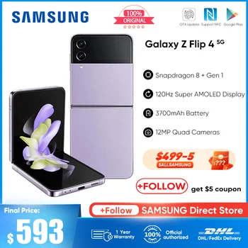 Оригинален 2022 Samsung Galaxy Z Флип 4 Flip4 5G Смартфон 120 Hz AMOLED Изградена екран, Snapdragon 8 + Gen 1 Андроид Мобилен телефон