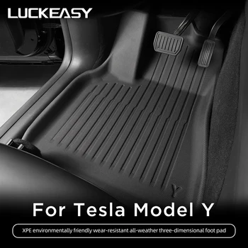 LUCKEASY 3D Подложка За Краката Tesla Модел Y 2021-2022 Етаж Подложка Напълно заобиколен от Тепиха Износоустойчиви Аксесоари за Интериора