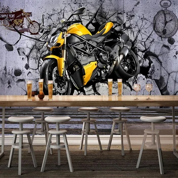 Потребителски Стенни Тапети 3D Стерео Жълт Мотоциклет Хладен Счупен Стенен Стенопис Ретро Мода Ресторант Кафе на Фона на Тапети