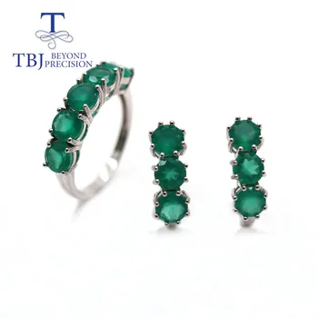 TBJ, Натурален зелен ахат през цялата 5,0 мм пръстен, обеци, бижута, сребро 925 прости ежедневни дамски бижута