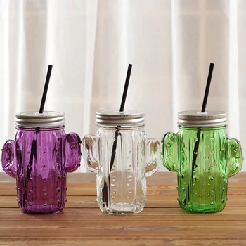 Креативна 3D Чаша от Кактусового Стъкло Mason Буркан с Капак и Соломинкой, Чаша за Шейкове със Студена Напитка, Стъклена Чаша за Вода
