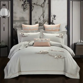 Китайски стил Пейзажные пейзажи Бродирани 300TC Египетски памук и 4 бр. Комплект спално бельо, Пухени Комплект (Queen King Size, 2 вида)
