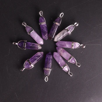36 бр. лилаво crystal натурален скъпоценен камък, кварц аметисты куршум шестоъгълен призма точка на окачването колие чар ювелирн