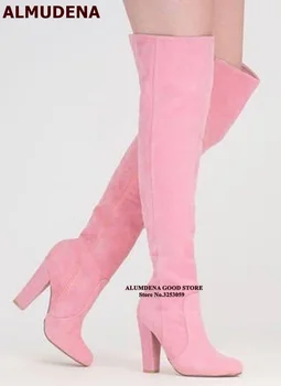 ALMUDENA/ розови велурени ботуши над коляното на масивна ток; елегантни есенно-зимни модела обувки с цип; размер на 46; обувки на блок ток; директна доставка
