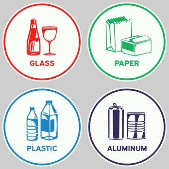 Интересни Етикети за сортиране на рециклируеми материали, Знаци, Стикери - Хартия Алуминий, Пластмаса и Стъкло (Комплект от 4 стикери) Автомобили Стикер Стикер Декор