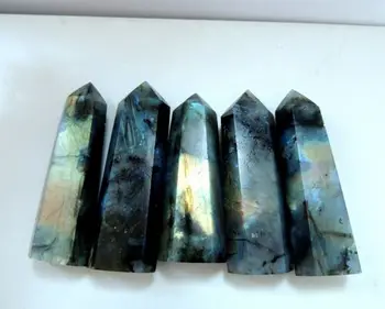 5шт 285 грама ЕСТЕСТВЕНИ Labradorite Crystal пръчка ТОЧКА Скъпоценен камък Отлична светлина