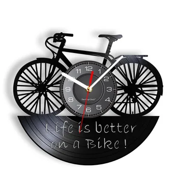 Велосипеден цикъл Дизайн на Винил Плоча Стенни Часовници Живота по-добре на Ретро Велосипед Велосипедист Начало Декор Часовници Колоездач Винил Диск Занаяти