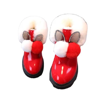 Зима 2022, Нови детски зимни обувки, модни сладки къси кожени обувки с кръгло бомбе за момичета, флисовые топли детски памучни обувки