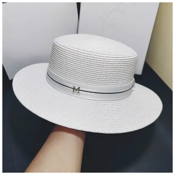 2020 лятна открийте проста бяла женска шапка с плосък покрив, елегантни и модерни плетени сламена шапка, британска празнична шапка от слънцето с широка периферия