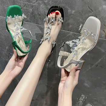 Дамски сандали в масивна ток, летни нови гъвкави прозрачни пластмасови сандали с еластична лента и възел-пеперуда с високи токчета, дамски сандали на висок ток