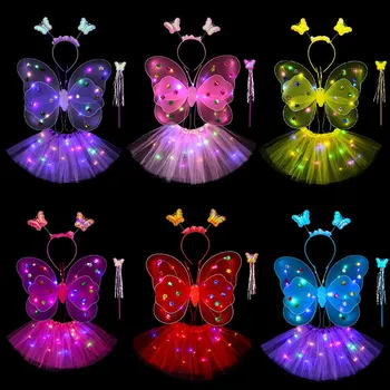 LED Крила на Пеперуда за Момичета, 4 бр., Костюми за Cosplay на Хелоуин, Детски Приказни Крила на Ангел, Карнавальное Сценичното Рокля, Дрехи за Партита