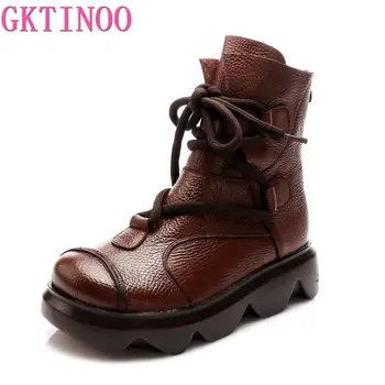 GKTINOO/Дамски обувки; Новост 2022 г.; дамски обувки от естествена кожа, дантела с ръчно изработени в стил ретро; Ежедневни лаконичен шевни ботильоны в Платформата