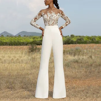 Качествен Комплект от 2 теми, Дамски Блузи и Панталони, Модерни Елегантни Бродирани окото тюлевые тениски + Разкроена панталони, Дълги Панталони Бял цвят