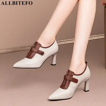 ALLBITEFO/размери 33-43, цветни и висококачествени обувки от естествена кожа на висок ток с остър пръсти, пролетни модни пикантен дамски обувки на ток