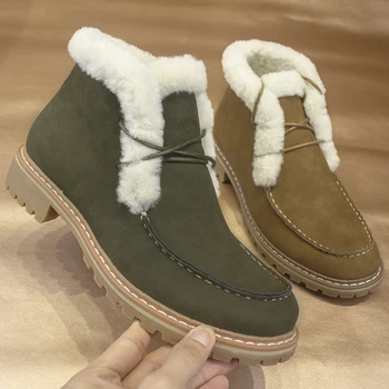 U-DOUBLE/2020 г., нови зимни дамски обувки, маркови топли дамски обувки, непромокаеми ботильоны на дантела-Голям размер, къси зимни ботуши на равна подметка камилска кожа