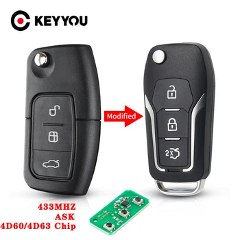KEYYOU Дистанционно Управление на Автомобилен Ключ 4D60/63 433 Mhz За Ford Fiesta Focus 2 Ecosport Escape, Kuga C Max Ka 3 Бутона HU101 Нож