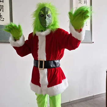Зелено Чудовище Коледа Cosplay Подпори Пълна Главата Латексова Маска с Шапка и Ръкавици Cosplay Подпори на Коледно Парти Карнавал Грижи За Кожата на Лицето на Кутията