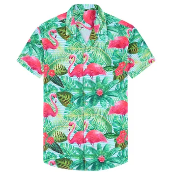Фламинго Мъжки Модни И Ежедневни Хавайска Риза Slim Fit С Принтом, Мъжки Социална Плажна Риза С Къс Ръкав Aloha За Мъже