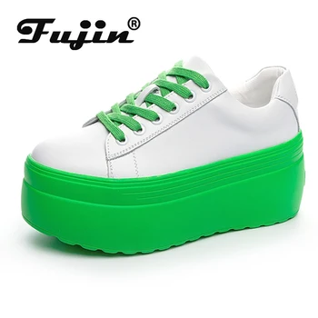 Fujin/Маратонки на танкетке с Ултра висока платформа, 8 см, Дамски Обувки От естествена Кожа, Пролетно-есенна Зелено-бели Обувки, Летни Обувки