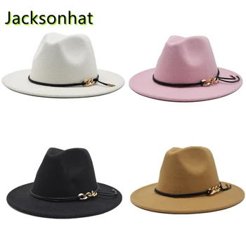 Безплатна доставка, дамска шапка, фетровая шапка с веригата, 21-цветен джаз шапка с широка периферия, есенно-зимни дамски вълнена панама, търговия на едро